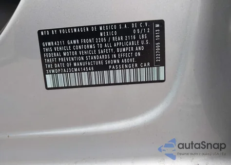 2012 Volkswagen Jetta 2.5L Se z USA, uszkodzony, nr VIN 3VWDP7AJ3CM414546